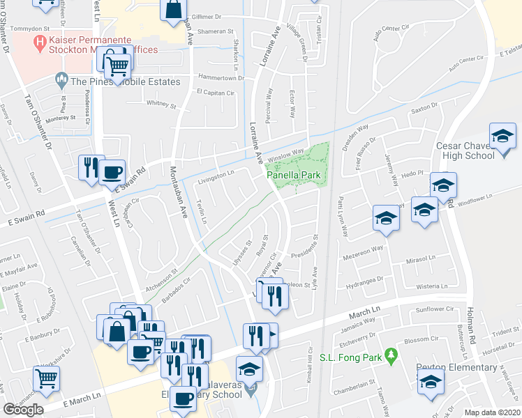 map of restaurants, bars, coffee shops, grocery stores, and more near 5501 Governor Circle in Stockton