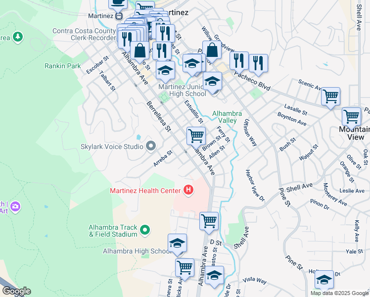 map of restaurants, bars, coffee shops, grocery stores, and more near 405 Robinson Street in Martinez