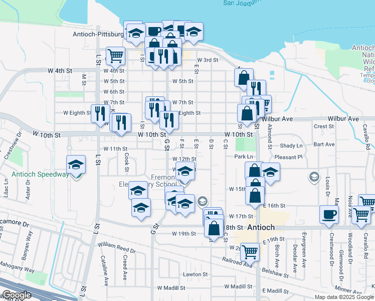 map of restaurants, bars, coffee shops, grocery stores, and more near 413 West 11th Street in Antioch