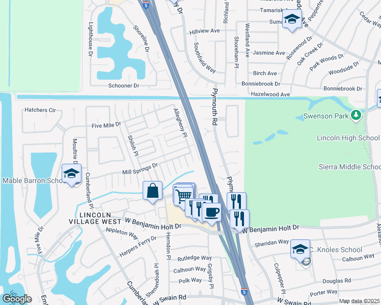 map of restaurants, bars, coffee shops, grocery stores, and more near Mill Springs Drive & Allegheny Court in Stockton