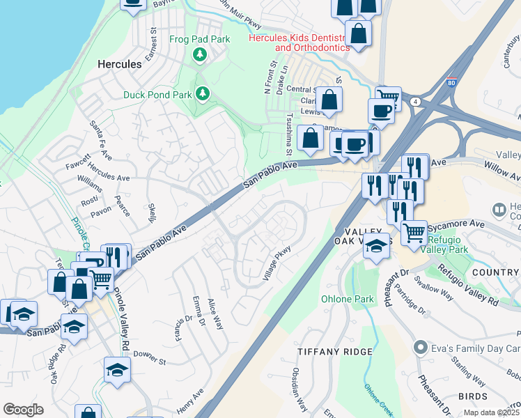 map of restaurants, bars, coffee shops, grocery stores, and more near 604 Devonwood in Hercules