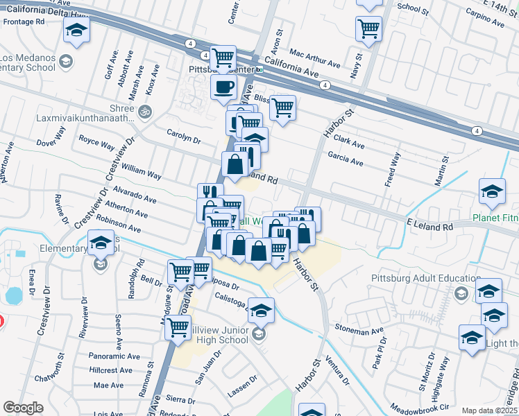 map of restaurants, bars, coffee shops, grocery stores, and more near 2 Presidio Lane in Pittsburg