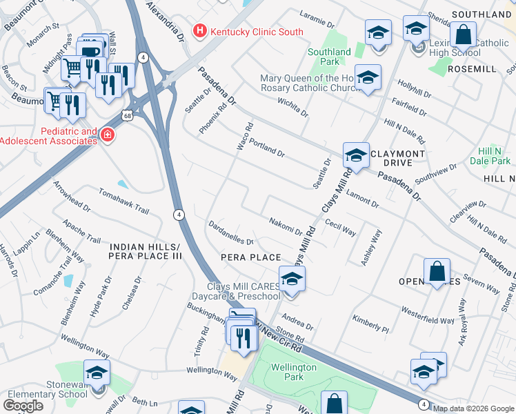 map of restaurants, bars, coffee shops, grocery stores, and more near 643 Cecil Way in Lexington