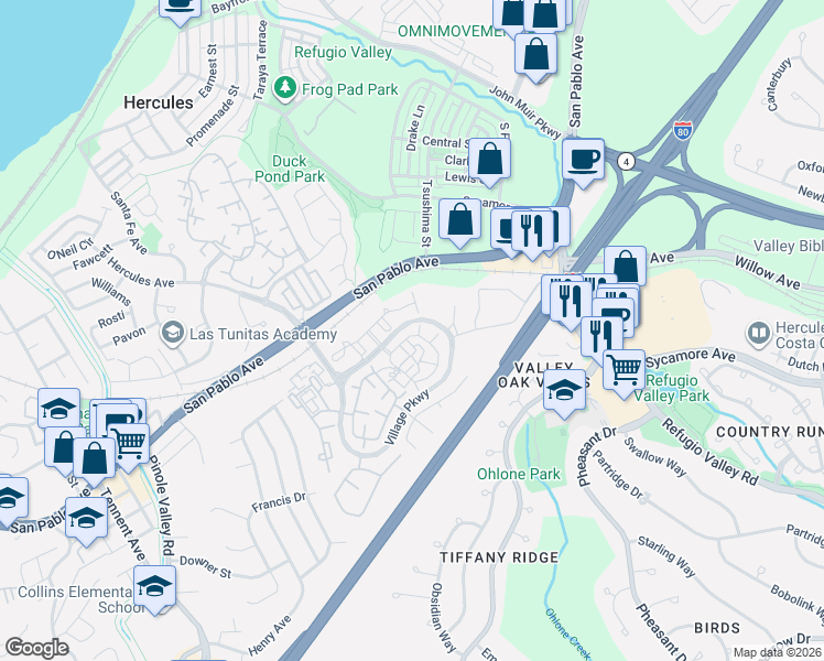 map of restaurants, bars, coffee shops, grocery stores, and more near 337 North Wildwood in Hercules