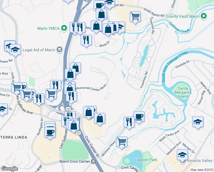 map of restaurants, bars, coffee shops, grocery stores, and more near 267 Channing Way in San Rafael