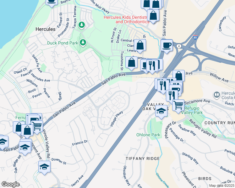 map of restaurants, bars, coffee shops, grocery stores, and more near 332 North Wildwood in Hercules
