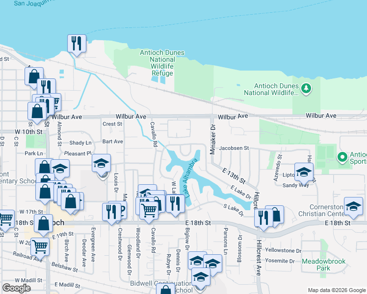 map of restaurants, bars, coffee shops, grocery stores, and more near 1 North Lake Circle in Antioch