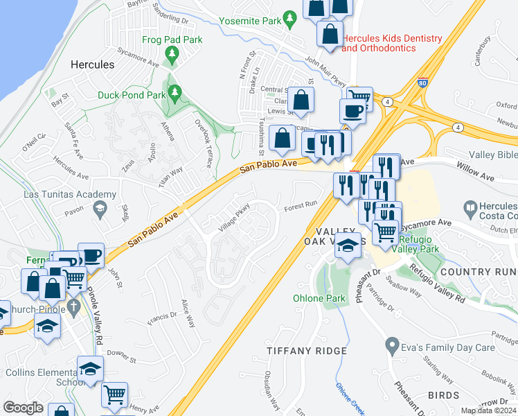 map of restaurants, bars, coffee shops, grocery stores, and more near 340 North Wildwood in Hercules