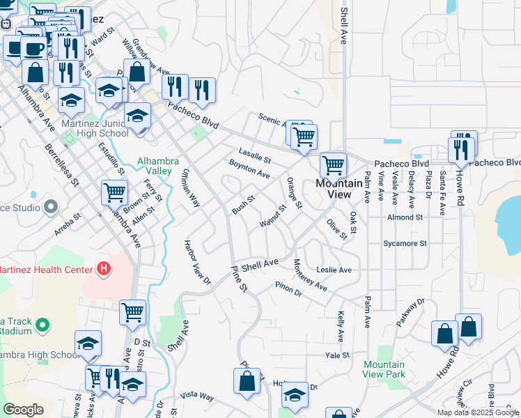 map of restaurants, bars, coffee shops, grocery stores, and more near 2141 Pomona Avenue in Martinez
