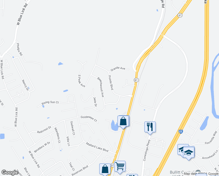 map of restaurants, bars, coffee shops, grocery stores, and more near 303 Pointe Boulevard in Shepherdsville