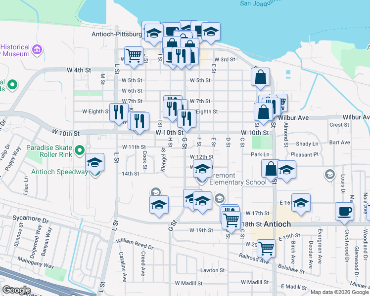map of restaurants, bars, coffee shops, grocery stores, and more near 1101 G Street in Antioch