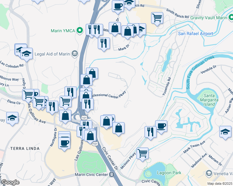 map of restaurants, bars, coffee shops, grocery stores, and more near 109 Professional Center Parkway in San Rafael