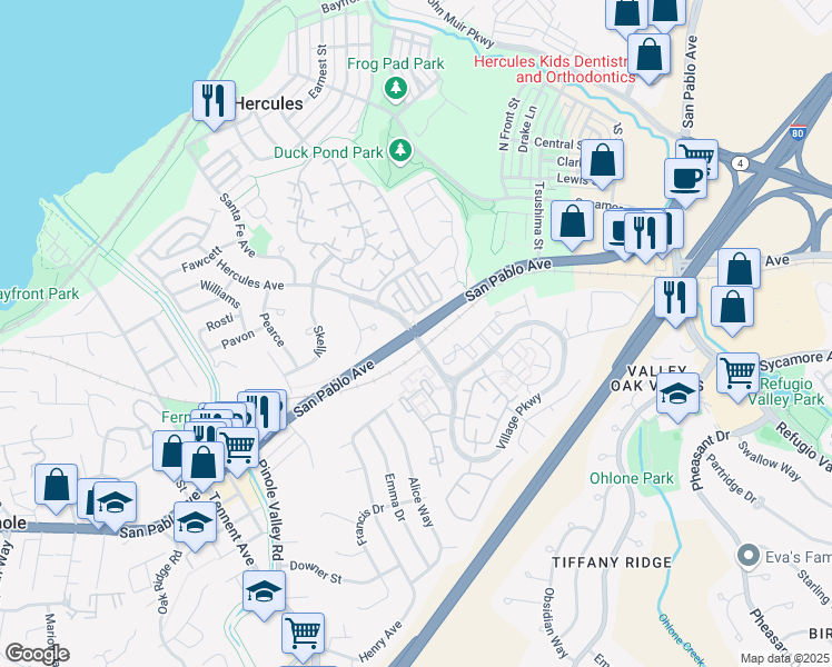 map of restaurants, bars, coffee shops, grocery stores, and more near San Pablo Avenue & Hercules Avenue in Hercules