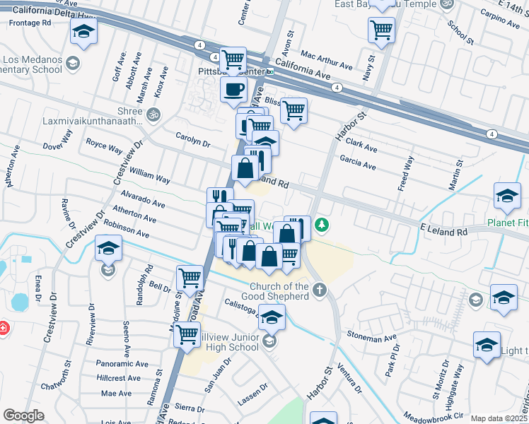 map of restaurants, bars, coffee shops, grocery stores, and more near 2 Presidio Lane in Pittsburg