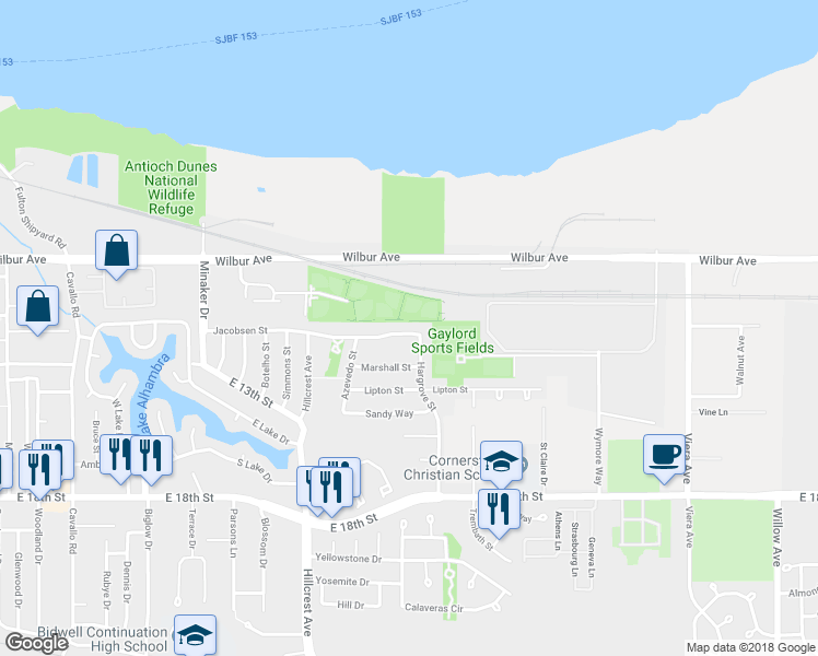 map of restaurants, bars, coffee shops, grocery stores, and more near 1545 Jacobsen Street in Antioch