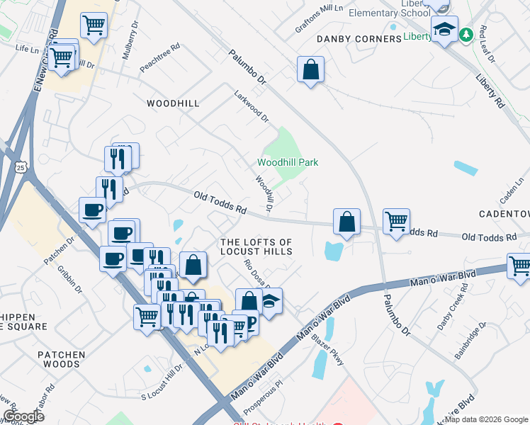 map of restaurants, bars, coffee shops, grocery stores, and more near 204 Shadow Wood Place in Lexington