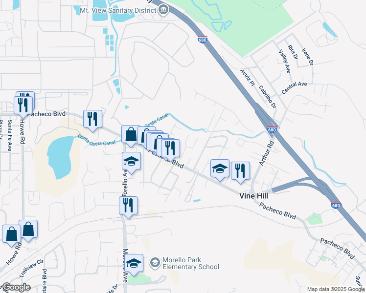 map of restaurants, bars, coffee shops, grocery stores, and more near 105 Windhover Way in Martinez