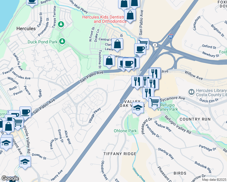 map of restaurants, bars, coffee shops, grocery stores, and more near 1100-1300 Forest Run in Hercules