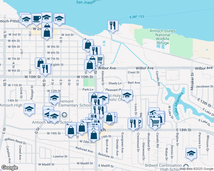 map of restaurants, bars, coffee shops, grocery stores, and more near 106 Shady Lane in Antioch