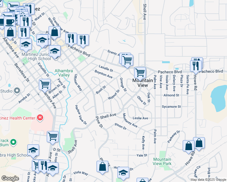 map of restaurants, bars, coffee shops, grocery stores, and more near 2156 Monterey Avenue in Martinez