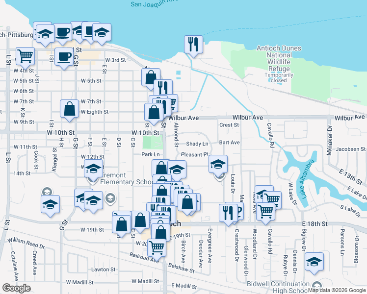 map of restaurants, bars, coffee shops, grocery stores, and more near 106 Shady Lane in Antioch