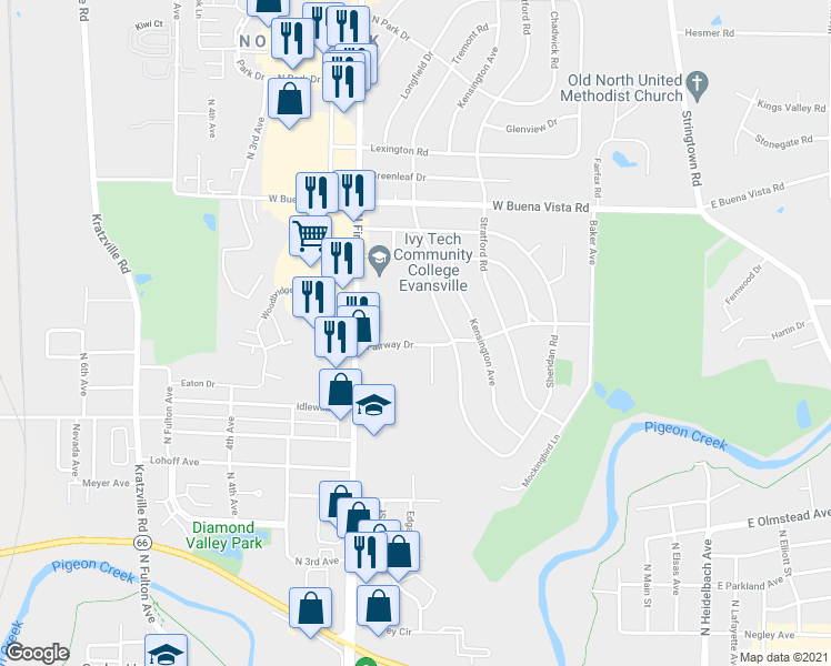 map of restaurants, bars, coffee shops, grocery stores, and more near 651 Fairway Drive in Evansville