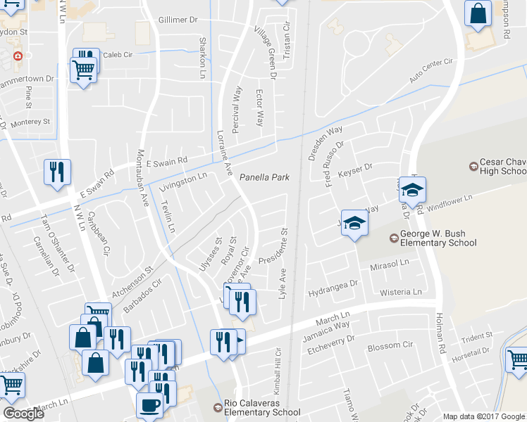 map of restaurants, bars, coffee shops, grocery stores, and more near 2323 Brandywine Court in Stockton