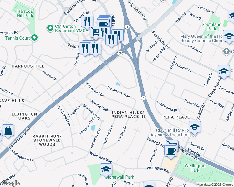 map of restaurants, bars, coffee shops, grocery stores, and more near 836 Tomahawk Trail in Lexington