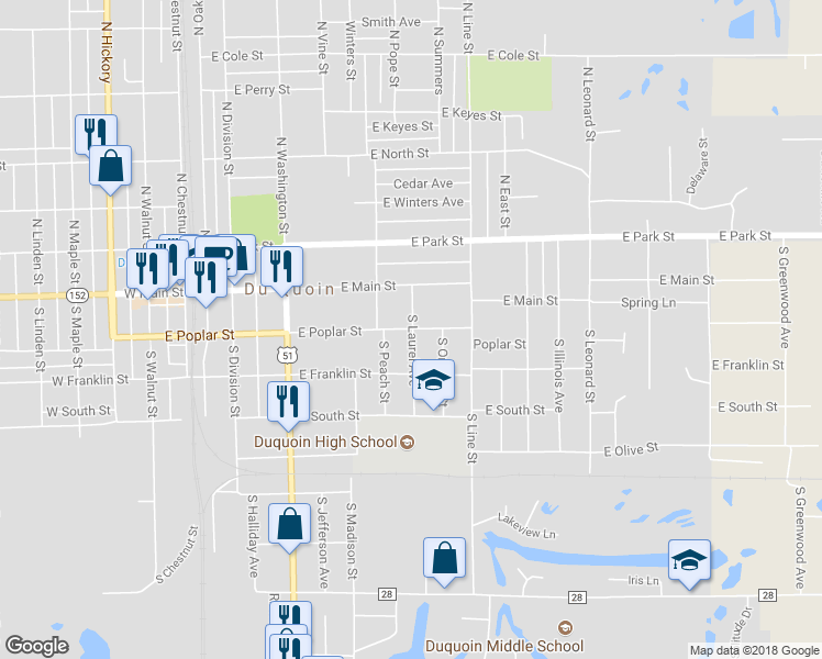 map of restaurants, bars, coffee shops, grocery stores, and more near 498 East Poplar Street in Du Quoin