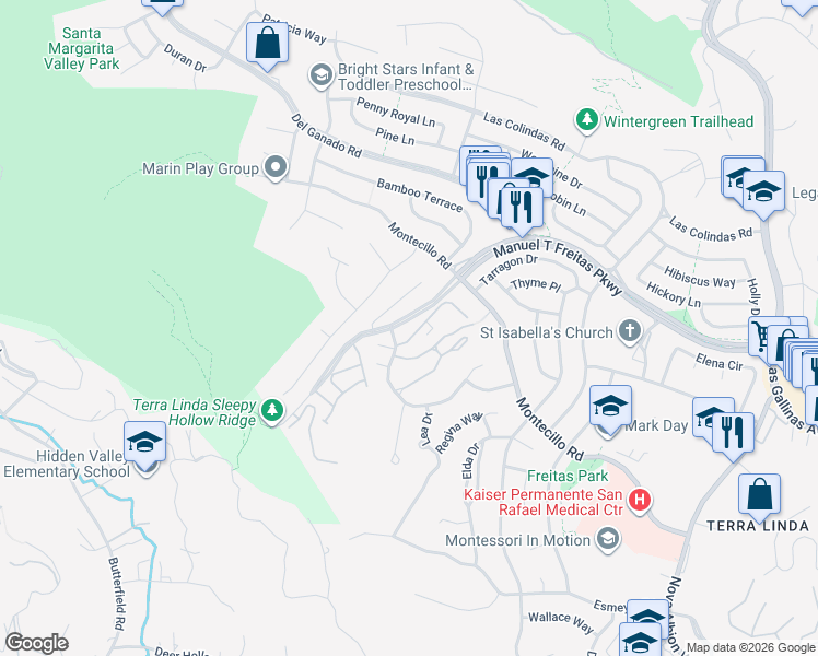 map of restaurants, bars, coffee shops, grocery stores, and more near 9 Surrey Lane in San Rafael