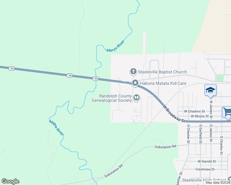 map of restaurants, bars, coffee shops, grocery stores, and more near 302 Victorian Drive in Steeleville