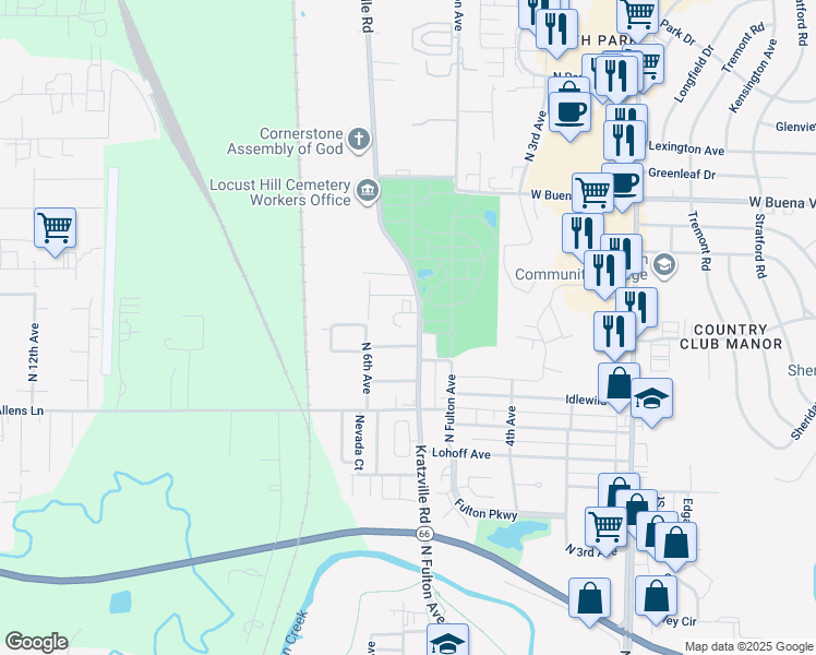 map of restaurants, bars, coffee shops, grocery stores, and more near 3308 Kratzville Road in Evansville