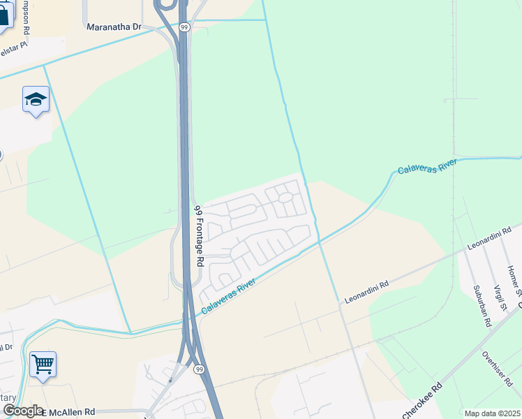 map of restaurants, bars, coffee shops, grocery stores, and more near 5100 California 99 in Stockton