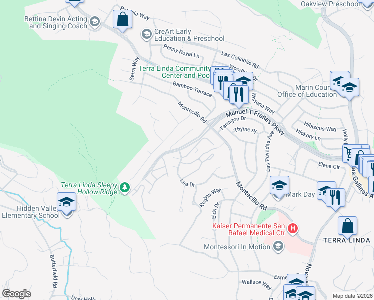 map of restaurants, bars, coffee shops, grocery stores, and more near 9 Surrey Lane in San Rafael