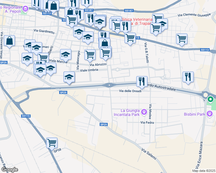 map of restaurants, bars, coffee shops, grocery stores, and more near Raccordo Autostradale in Trapani