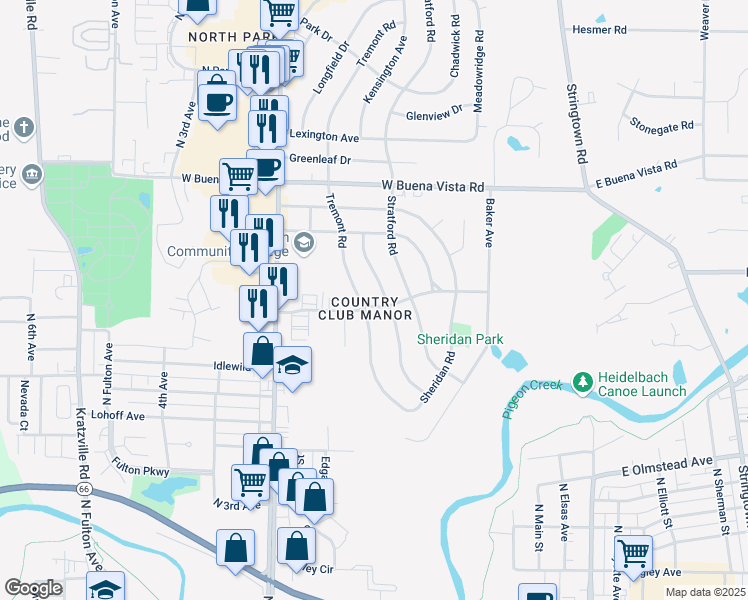 map of restaurants, bars, coffee shops, grocery stores, and more near 511 Fairway Dr in Evansville