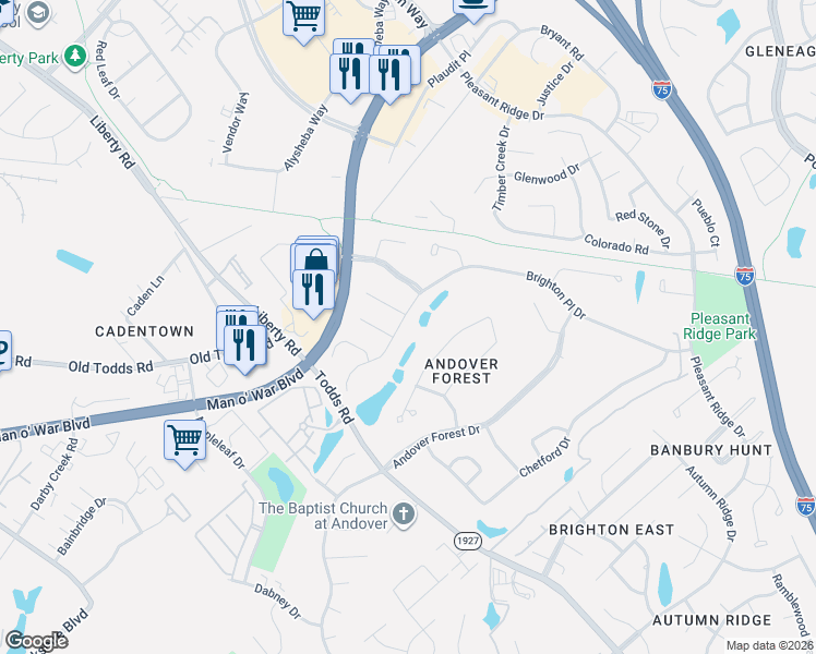 map of restaurants, bars, coffee shops, grocery stores, and more near 3181 Brighton Place Drive in Lexington