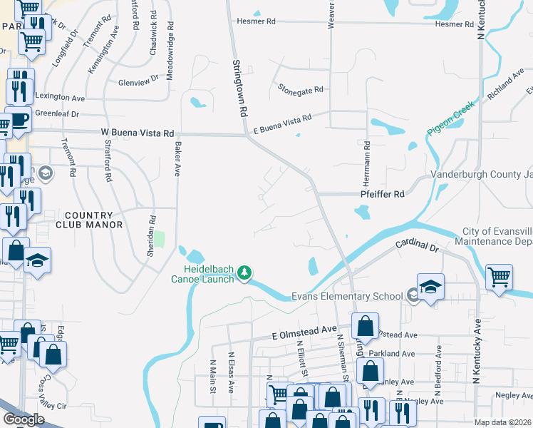 map of restaurants, bars, coffee shops, grocery stores, and more near 172 Hartin Drive in Evansville