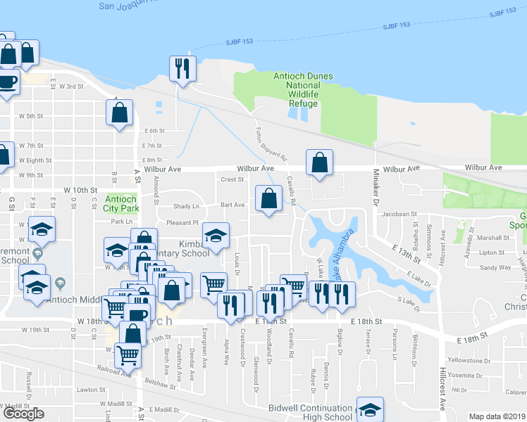map of restaurants, bars, coffee shops, grocery stores, and more near 325 Grangnelli Avenue in Antioch