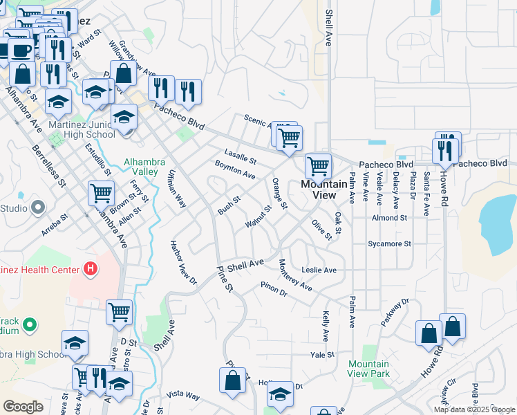 map of restaurants, bars, coffee shops, grocery stores, and more near 2156 Monterey Avenue in Martinez