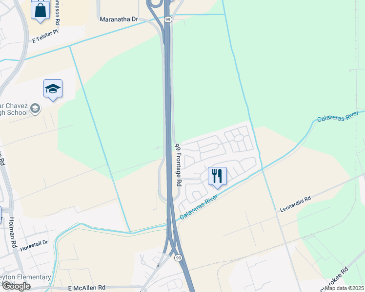 map of restaurants, bars, coffee shops, grocery stores, and more near North Highway 99 in Stockton