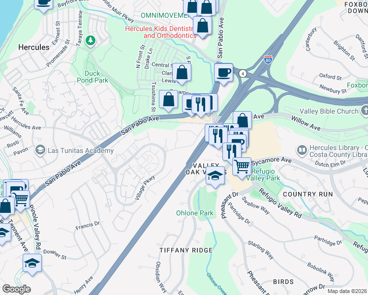 map of restaurants, bars, coffee shops, grocery stores, and more near 2 Forest Run in Hercules