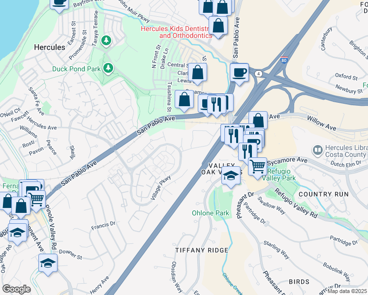 map of restaurants, bars, coffee shops, grocery stores, and more near 204 Forest Park in Hercules