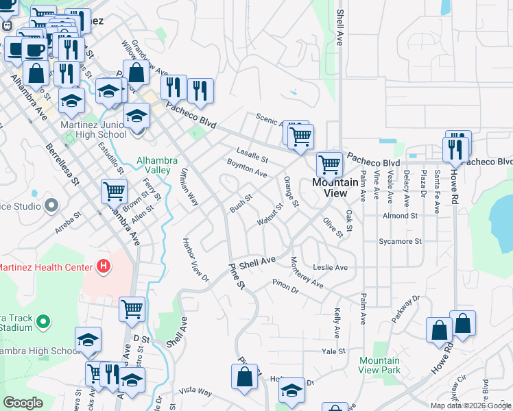 map of restaurants, bars, coffee shops, grocery stores, and more near 2131 Pomona Avenue in Martinez