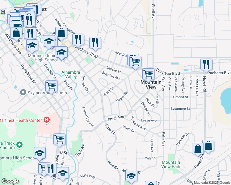 map of restaurants, bars, coffee shops, grocery stores, and more near 2131 Pomona Avenue in Martinez