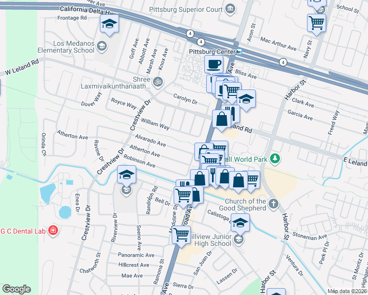 map of restaurants, bars, coffee shops, grocery stores, and more near 53 Alvarado Avenue in Pittsburg
