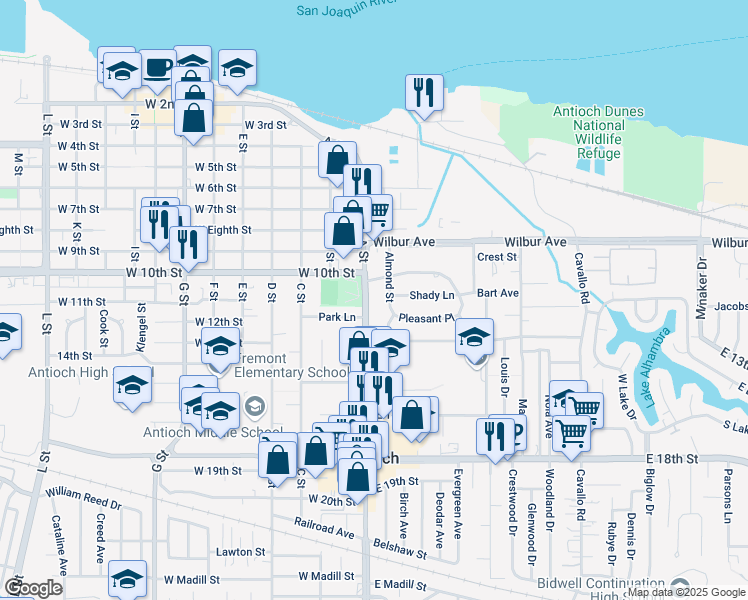 map of restaurants, bars, coffee shops, grocery stores, and more near 1111 A Street in Antioch
