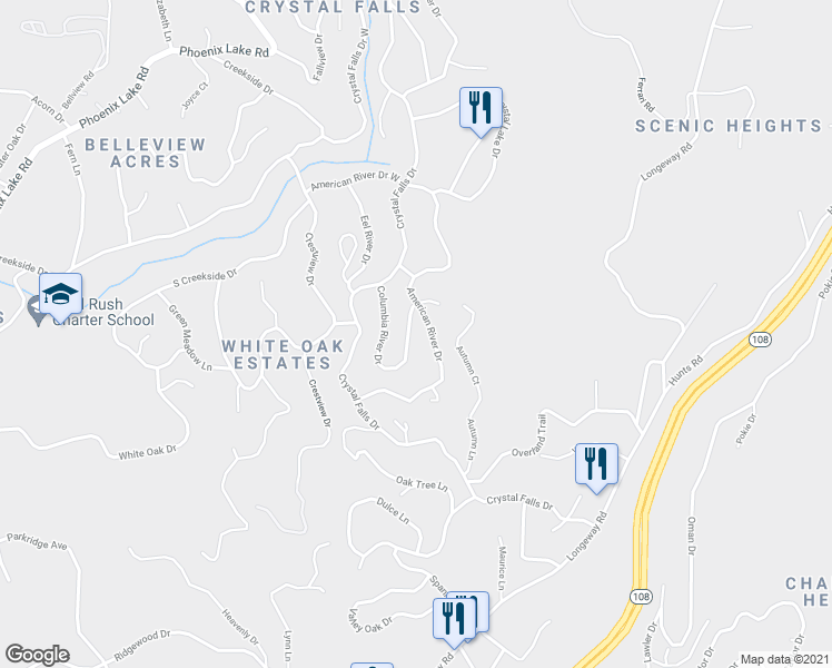 map of restaurants, bars, coffee shops, grocery stores, and more near 17005 Columbia River Drive in Sonora