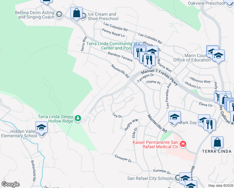 map of restaurants, bars, coffee shops, grocery stores, and more near 9 Surrey Lane in San Rafael