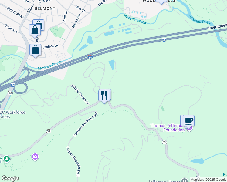 map of restaurants, bars, coffee shops, grocery stores, and more near 943 Jefferson Lake Drive in Charlottesville